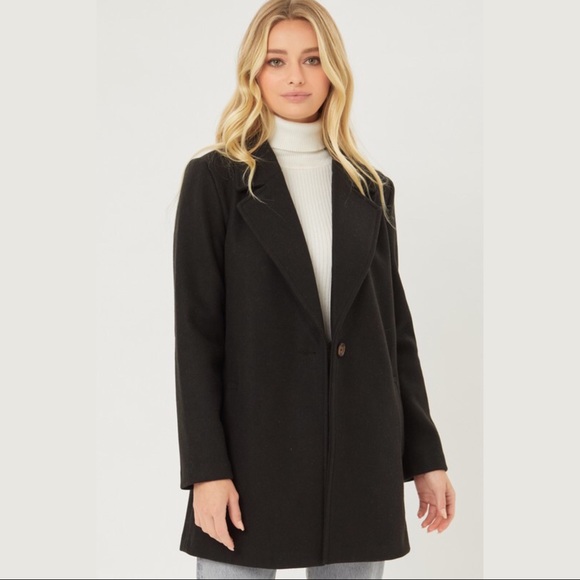 Black Wool-Like Fleece Medium-weight Coat - Picture 2 of 6